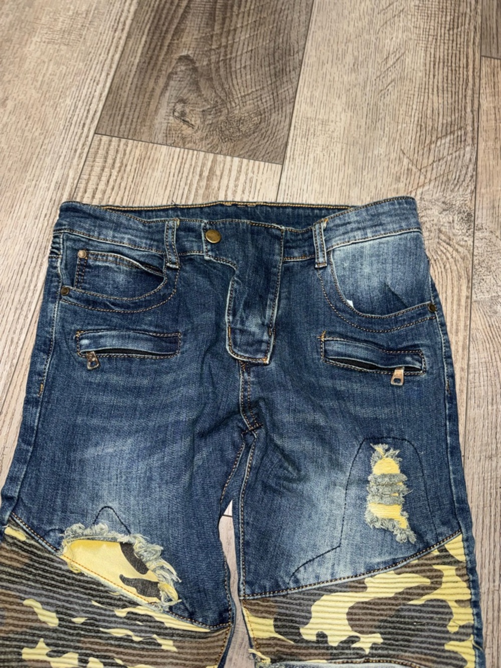 Bie Pa Paris handmade Denim jeans Biker  NWT camo fabric distressed 31 - Picture 2 of 6